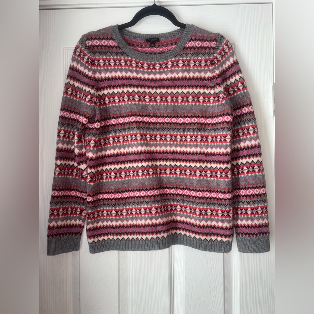 TALBOTS Nordic Fair Isle Cottagecore Sweater Lambswool Blend Pink/Gray M Petite